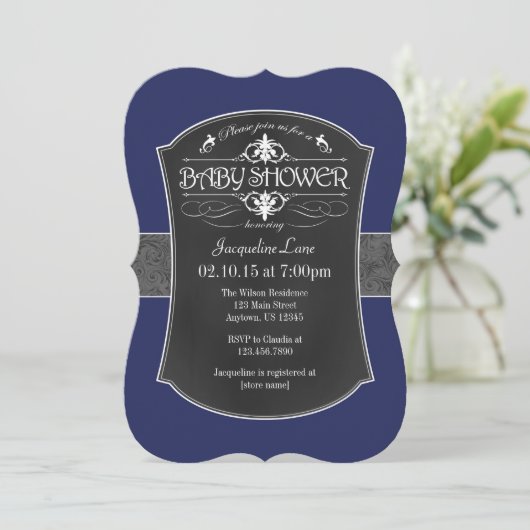 Navy Blue Grey Krijtbord Baby shower Uitnodiging (Staand voorkant)