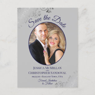 Navy Blue & Grey Lace Wedding Save the Date Photo Aankondigingskaart