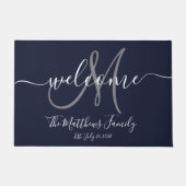 Navy Blue Grey Monogram Script Newlweds Weddenscha Deurmat (Voorkant)
