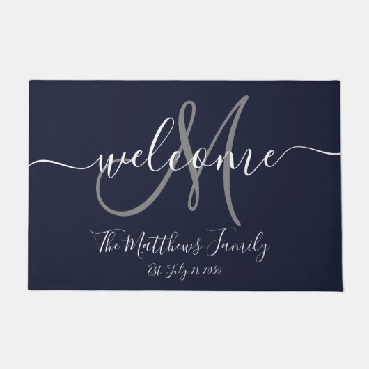 Navy Blue Grey Monogram Script Newlweds Weddenscha Deurmat (Voorkant)