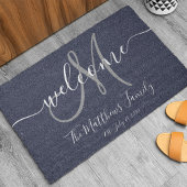 Navy Blue Grey Monogram Script Newlweds Weddenscha Deurmat