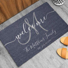 Navy Blue Grey Monogram Script Newlweds Weddenscha Deurmat