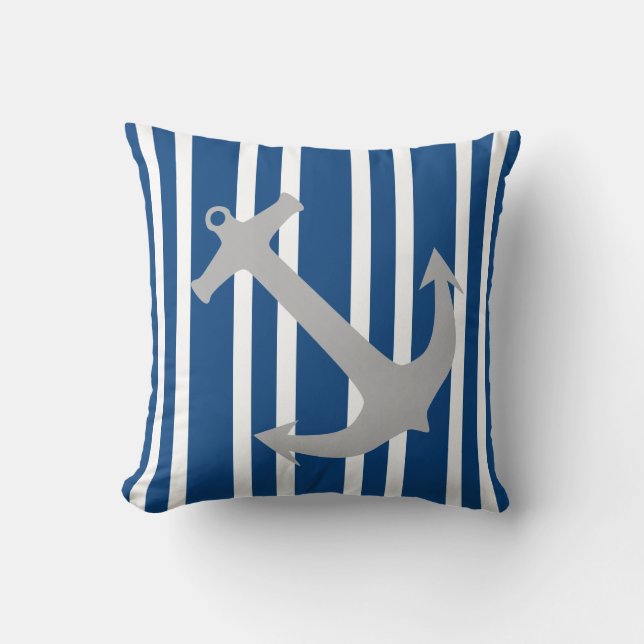 Navy Blue & Grey Nautical Anchor Striped Pillow Kussen (Voorkant)