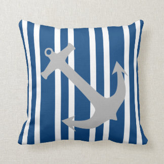 Navy Blue & Grey Nautical Anchor Striped Pillow Kussen