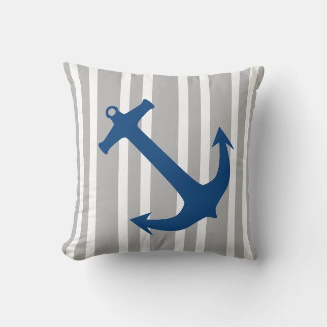 Navy Blue & Grey Nautical Anchor Striped Pillow Kussen (Voorkant)