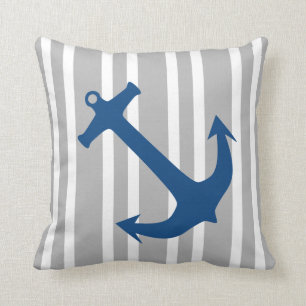 Navy Blue & Grey Nautical Anchor Striped Pillow Kussen