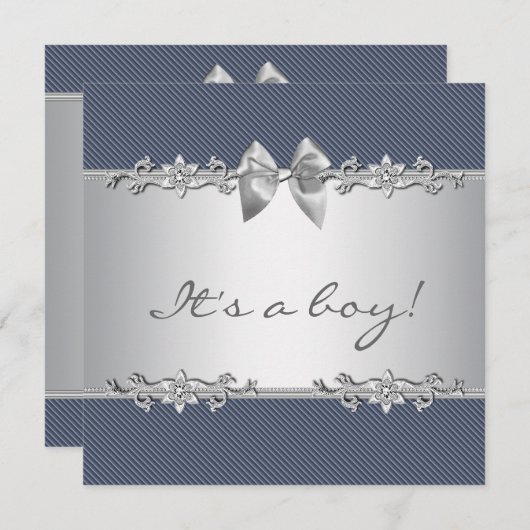 Navy Blue Grey Pinstripe Boy Shower Kaart (Voorkant / Achterkant)