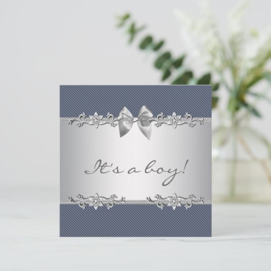 Navy Blue Grey Pinstripe Boy Shower Kaart (Staand voorkant)