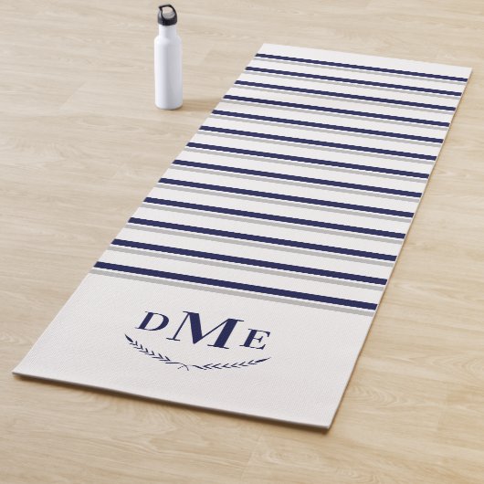 Navy Blue Grey Stripes Classic Monogram Exercy Yogamat (In situ)