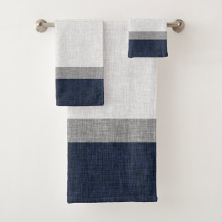 Navy Blue Grey White Stripe Crosshatch Bad Handdoek