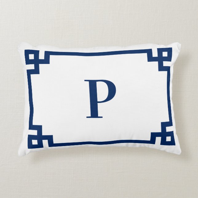 Navy Blue Griekse Sleutelrand Monogram Accent Kussen (Voorkant)