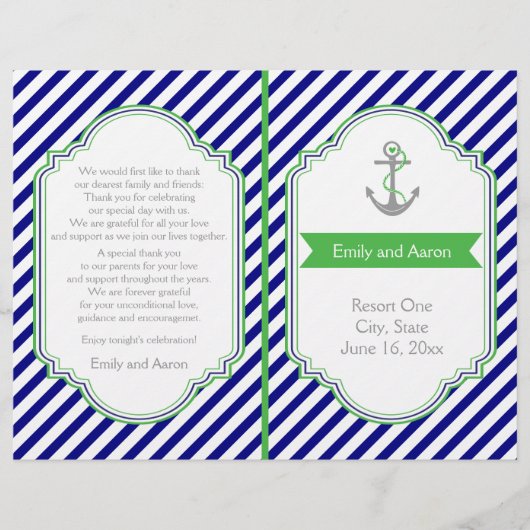 Navy blue, groen nautisch trouwprogramma (Voorkant)