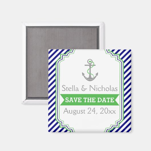 Navy blue, groene nautische bruiloft Save the Date Magneet (Voorkant / Achterkant)