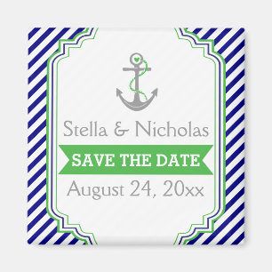 Navy blue, groene nautische bruiloft Save the Date Magneet