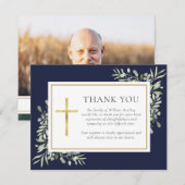 Navy Blue Groenery ChristianFuneral Foto Bedankkaart (Voorkant / Achterkant)