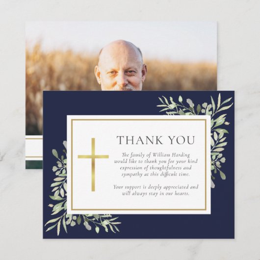 Navy Blue Groenery ChristianFuneral Foto Bedankkaart (Voorkant / Achterkant)