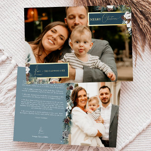 Navy Blue Groenery Vintage Familie Nieuwsbrief Fot Folie Feestdagenkaart