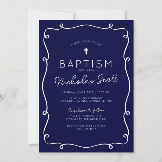 Navy Blue Hand Drawn Baptism Invitation Kaart (Voorkant)