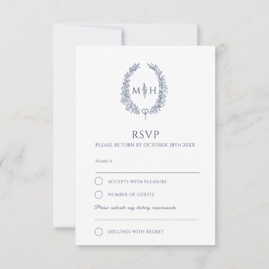 Navy blue hand-getekende bladmonogram RSVP bruilof Kaartje (Achterkant)