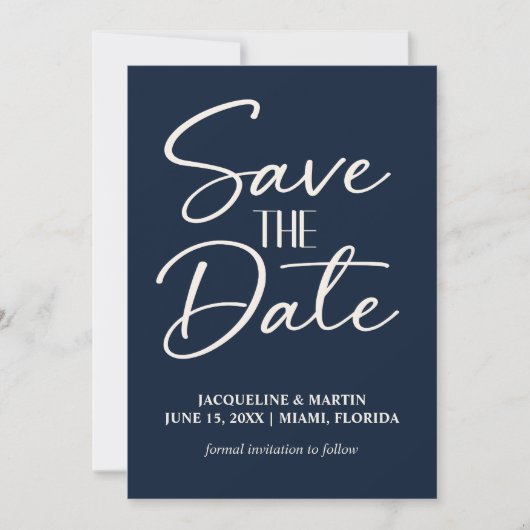 Navy Blue Hand Lettered Script Wedding Save The Date (Voorkant)