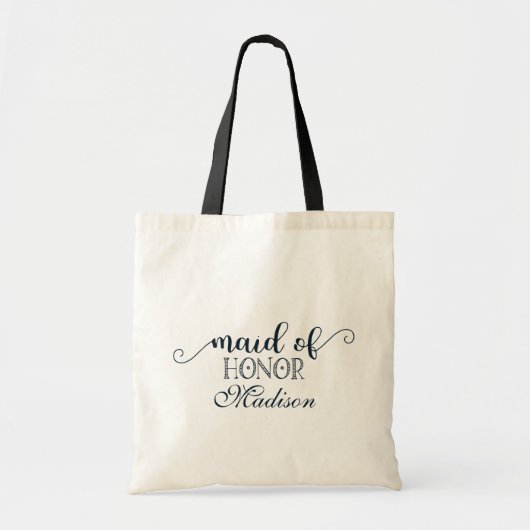 Navy Blue Hand Lettered Wedding Maid of Honor Tote Bag (Voorkant)