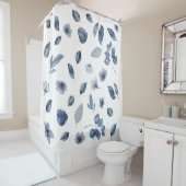 Navy Blue Hand Painted Waterverf Leaves Flowers Douchegordijn (In situ)