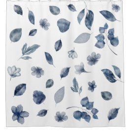 Navy Blue Hand Painted Waterverf Leaves Flowers Douchegordijn