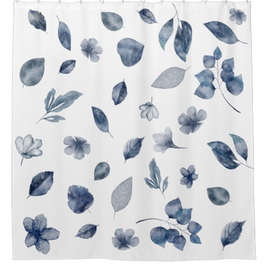 Navy Blue Hand Painted Waterverf Leaves Flowers Douchegordijn (Voorkant)