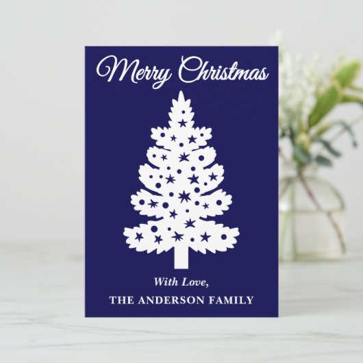 Navy Blue Handgeschreven Script Kerstboom Feestdagenkaart (Staand voorkant)