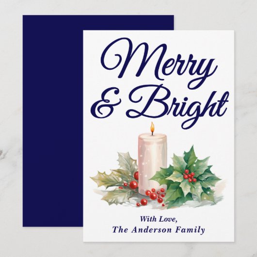 Navy Blue Handgeschreven Script Merry & Bright Feestdagenkaart (Voorkant / Achterkant)