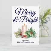 Navy Blue Handgeschreven Script Merry & Bright Feestdagenkaart (Staand voorkant)
