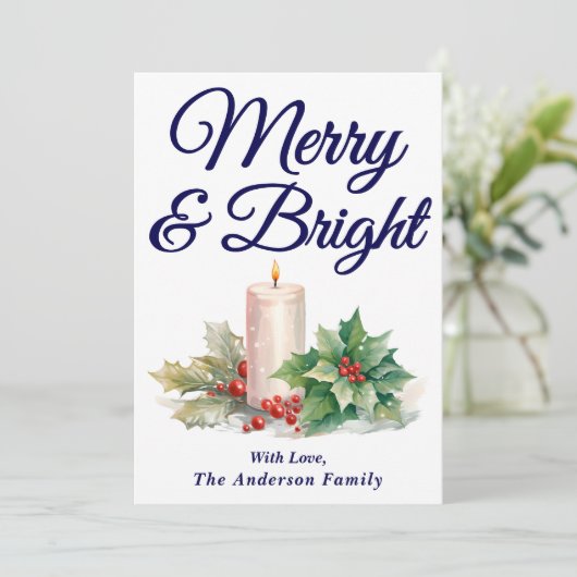 Navy Blue Handgeschreven Script Merry & Bright Feestdagenkaart (Staand voorkant)
