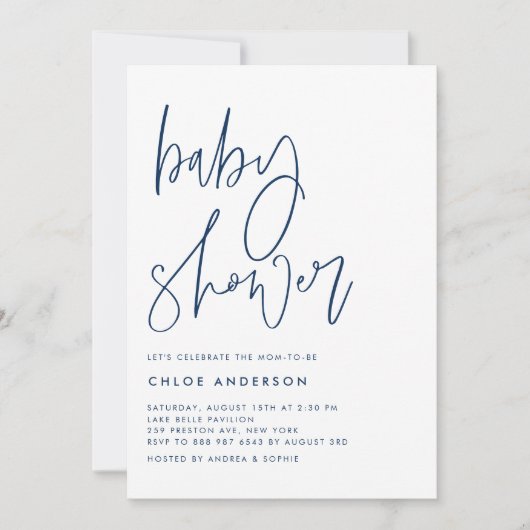 Navy Blue Handwrited Script-Baby shower Kaart (Voorkant)