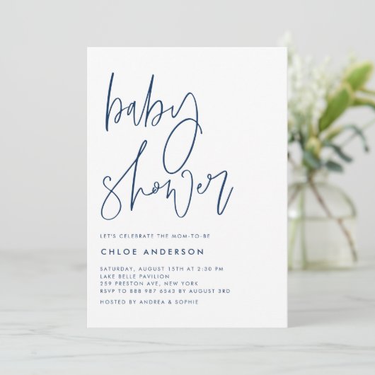 Navy Blue Handwrited Script-Baby shower Kaart (Staand voorkant)