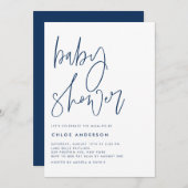 Navy Blue Handwrited Script-Baby shower Kaart (Voorkant / Achterkant)