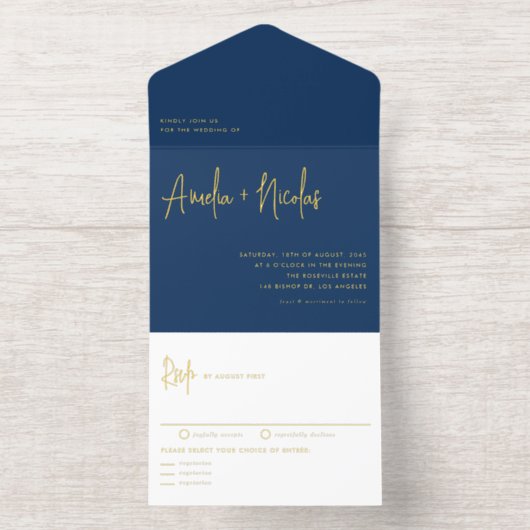 Navy Blue Handwriting Modern Typography Wedding All In One Uitnodiging (Binnenkant)