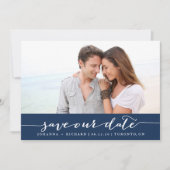Navy Blue Handwrity Script Save the Date (Voorkant)