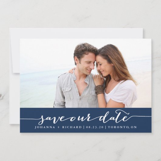 Navy Blue Handwrity Script Save the Date (Voorkant)