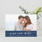 Navy Blue Handwrity Script Save the Date (Staand voorkant)