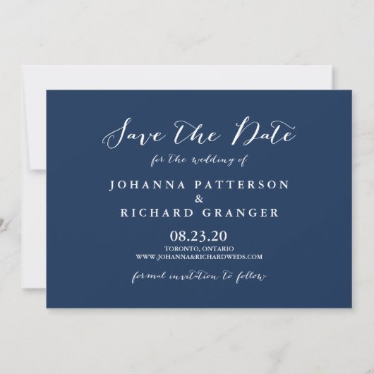 Navy Blue Handwrity Script Save the Date (Achterkant)