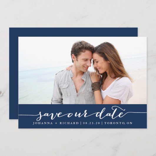 Navy Blue Handwrity Script Save the Date (Voorkant / Achterkant)