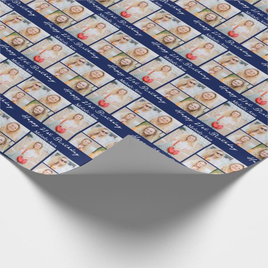 Navy Blue Happy Birthday Photo Collage Cadeaupapier (Hoek)
