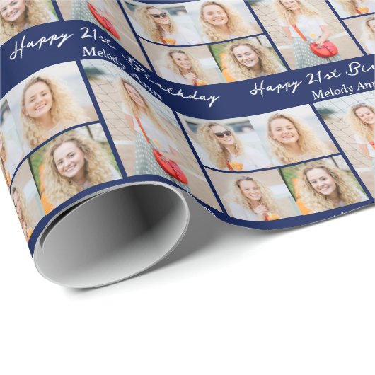 Navy Blue Happy Birthday Photo Collage Cadeaupapier (Rol Hoek)