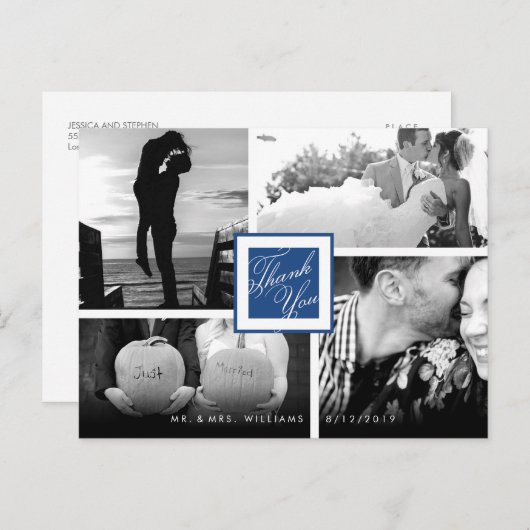 Navy Blue Hartelijk dank voor uw bruiloft 4 Foto B Briefkaart (Voorkant / Achterkant)