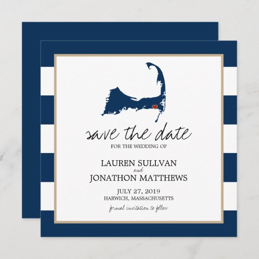 Navy Blue Harwich Cape Cod Map opslaan op datum Save The Date (Voorkant / Achterkant)