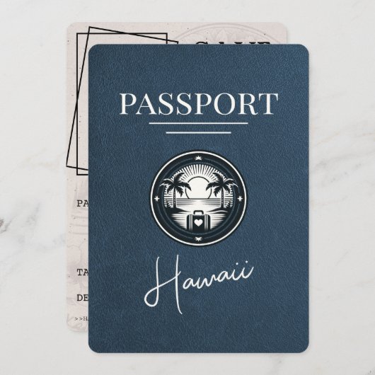 Navy Blue Hawaii Passport Bewaar de datum Save The Date (Voorkant / Achterkant)