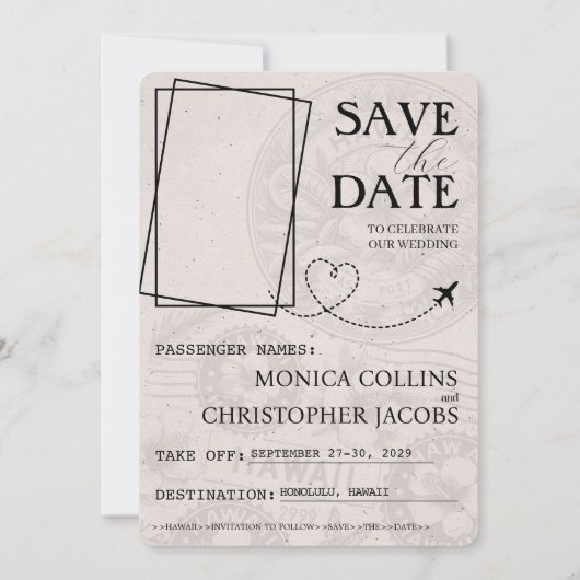 Navy Blue Hawaii Passport Bewaar de datum Save The Date (Achterkant)