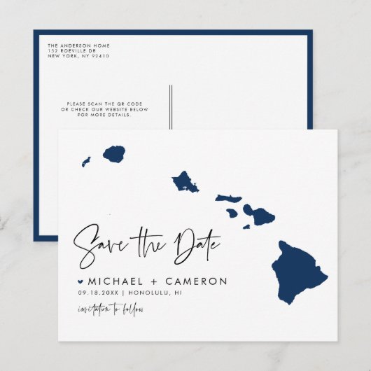 Navy Blue Hawaii State Map QR Code Bewaar de datum Aankondigingskaart (Voorkant / Achterkant)