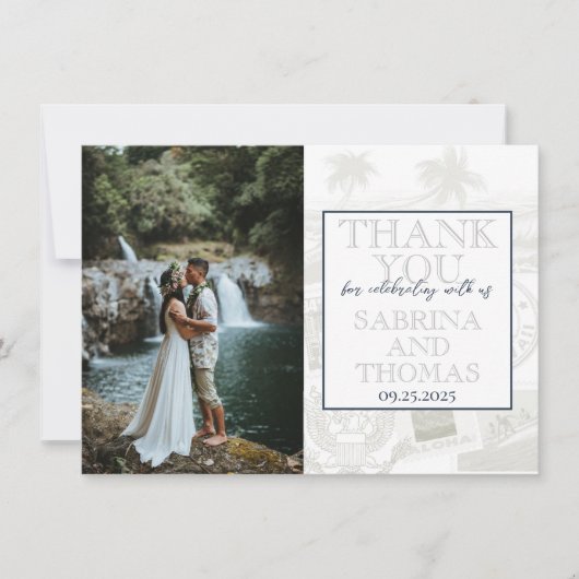 Navy Blue Hawaii trouwfoto dank u Bedankkaart (Voorkant)