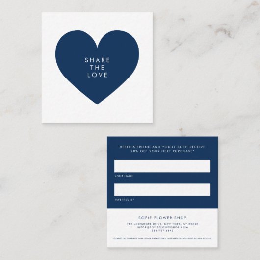 Navy Blue Heart Minimalist Deel de Liefde Business Aanbevelingskaartje (Voorkant / Achterkant)